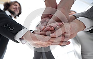 Business people folding their hands together.