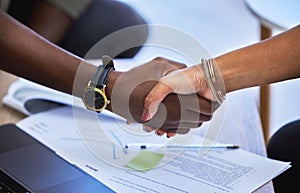 Closeup, business people and handshake for contract, deal and HR partnership of office collaboration. Employees