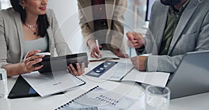 Closeup, business people and meeting with tablet, documents and proposal for funding. Startup, group and PR agency with
