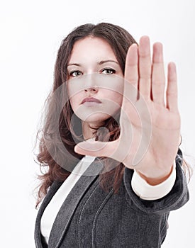 Closeup.business woman showing stop gesture.isolated on a white