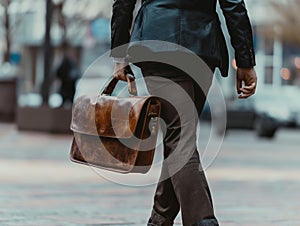 Closeup Of A Businessman Holding leather Briefcase Going To Work