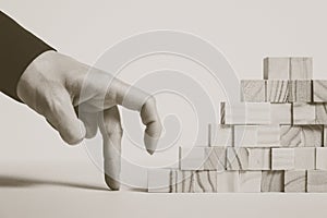 Closeup of businessman making a pyramid with empty wooden cubes