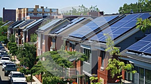 A closeup of a bustling urban street lined with traditional brick buildings that have sleek modern solar panel arrays