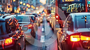 A closeup of busy city streets with cars and buses stuck in gridlocked traffic as people rush to their destinations photo