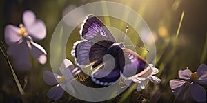 Closeup of a butterfly on spring flowers. Wildflower field. Colorful purple flowers and grass meadow. Background wallpaper.