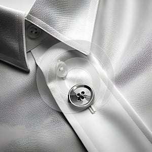 Closeup of a button on a white shirt. Black and white.