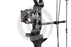 Closeup of the cam on a compound bow. modern, compound hunting bow and arrows  isolated on white