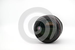 Closeup camera lens on isolated and white background