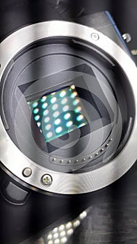 Closeup of a camera sensor on a camera lens