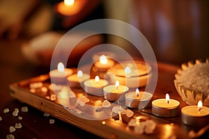 closeup of candles and bath salts on wooden tray, person in background