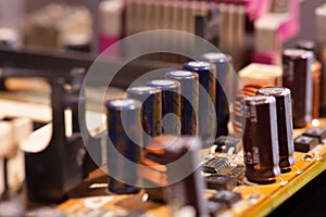 Closeup of capacitors on computer motherboard