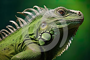 closeup captures the intricate details of an iguana, showcasing its textured scales, vibrant coloration