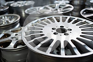 closeup of car alloy wheel in tire store