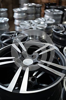 closeup of car alloy wheel in tire store