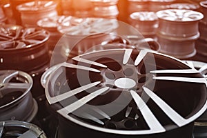 closeup of car alloy wheel in tire store