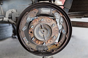 Closeup of car disc brake at car workshop