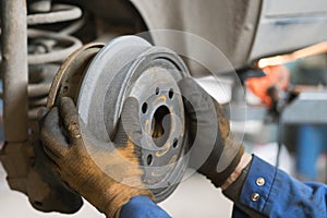 Closeup of car mechanic repairing brake pads