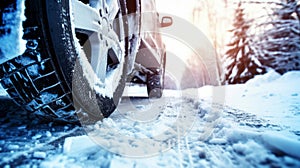 Closeup of car tires in winter on the road