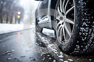 Closeup of car tires in winter on the road covered with snow