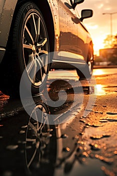 closeup of car wheel with light alloy aluminium disc and tire in wet water puddle after rain, wet asphalt at autumn day