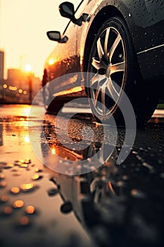 closeup of car wheel with light alloy aluminium disc and tire in wet water puddle after rain, wet asphalt at autumn day