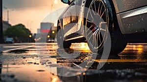 closeup of car wheel with light alloy aluminium disc and tire in wet water puddle after rain, wet asphalt at autumn day