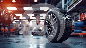 Closeup of a car wheel in a tire workshop, selective focus