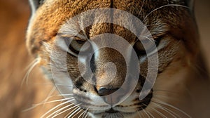 Closeup of a Caracals face almost hidden ast the flattened fur that covers its body. Its expression is one of intense photo