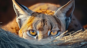 Closeup of a Caracals vibrant amber eyes peeking out from behind a bundle of flattened fur. They appear almost photo