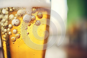 closeup of carbonation bubbles in a glass of beer