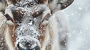 Closeup of a caribous face its eyes determined and its fur matted with wet snow from the blizzard