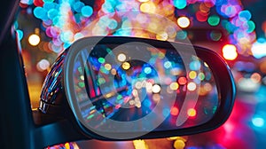 A closeup of a cars rearview mirror showcasing the kaleidoscope of lights behind it as it makes its way through the