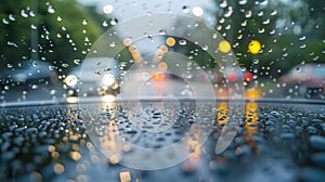 A closeup of a cars windshield treated with a hydrophobic coating causing rain to instantly bead up and roll off while photo