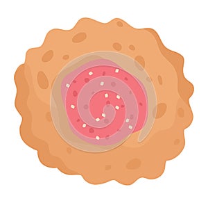 Closeup cartoon donut pink icing sprinkles. Flat design dessert sweet food. Tasty sugary snack