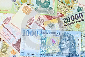 Closeup on cash Hungarian forints HUF in various denominations