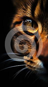 Closeup cat eye, portrait of animal on dark background.