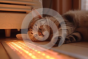 closeup of a cat lounging on a warm heated floor