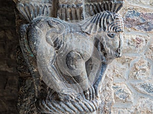 Closeup of Catalan roman art sculpture in the Abbey of Saint-Mar photo