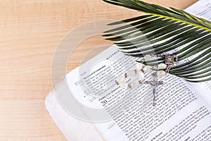 Closeup Catholic rosary with crucifix and beads on palm leaf