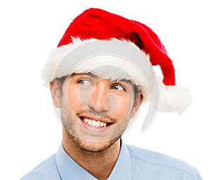 Closeup of caucasian man wearing christmas hat for santa isolate