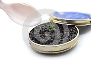 Caviar in a white nacre spoon with the metalllic box on white background
