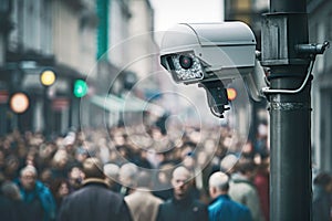 Closeup of a cctv camera monitoring a vibrant city street. Generative AI illustration
