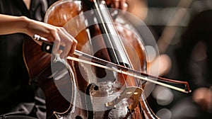 A closeup of a cellists fingers moving swiftly and gracefully along the instruments strings with intense concentration photo