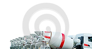 Closeup cement mixer truck isolated on white background. Concrete mixing transport truck. Cement mixer truck dealership. Concrete