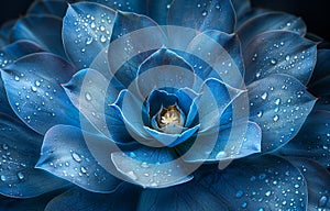 A closeup of the center flower of an agave cactus with blue and white petals