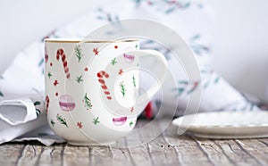 Closeup of ceramic cup on wood table