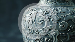A closeup of a ceramic vase reveals the detailed carvings of swirling vines and leaves.
