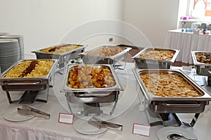 Closeup of chafing dishes at a party
