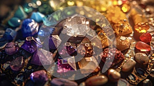 A closeup of a chakra balancing crystal grid on a shamans altar. Each brightly colored stone has been carefully p in a