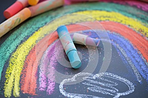 closeup of chalk pastels next to childs partially drawn rainbow